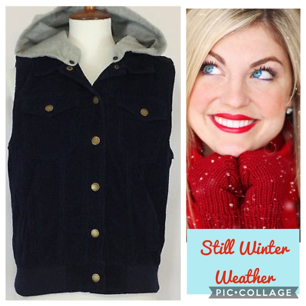 CORDUROY Vest removable HOOD snap up sz Large